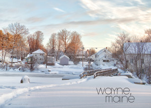 Playing cards featuring Wayne, Maine in winter.